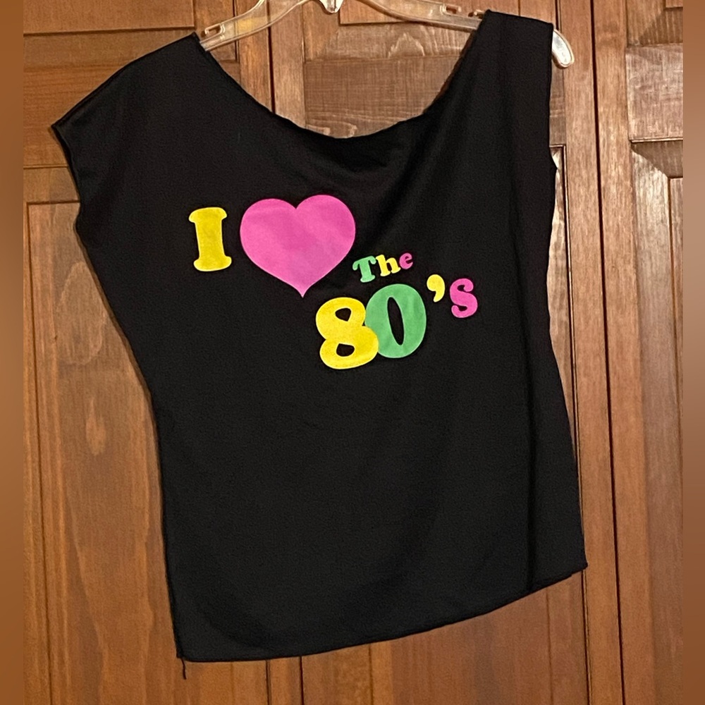 🛑 I ❤️ The 80’s Off The Shoulder Black T-Shirt ~Small~Raw Neckline